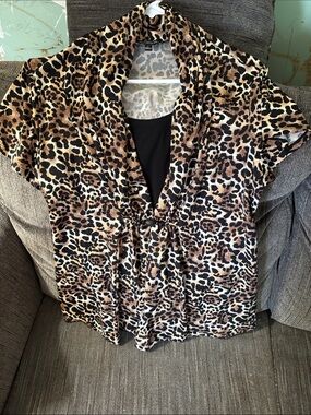 Leopard Print Short Sleeve Blouse - Brown/Black/Cream